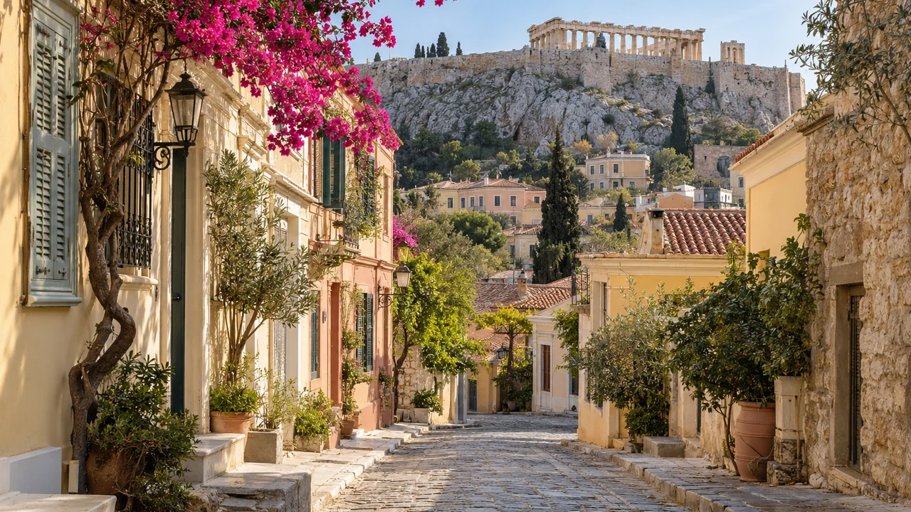 A quiet Plaka street in Athens with the Acropolis beyond