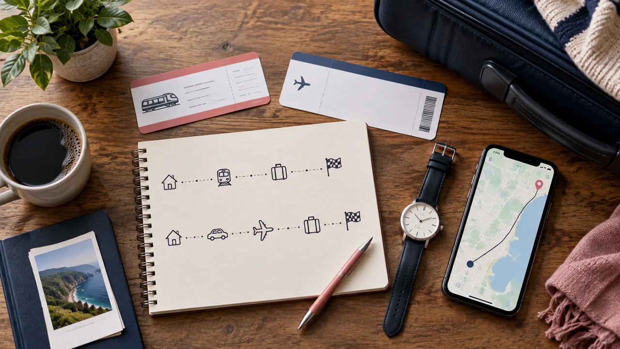 Notebook comparing the complete door-to-door stages of train and plane travel
