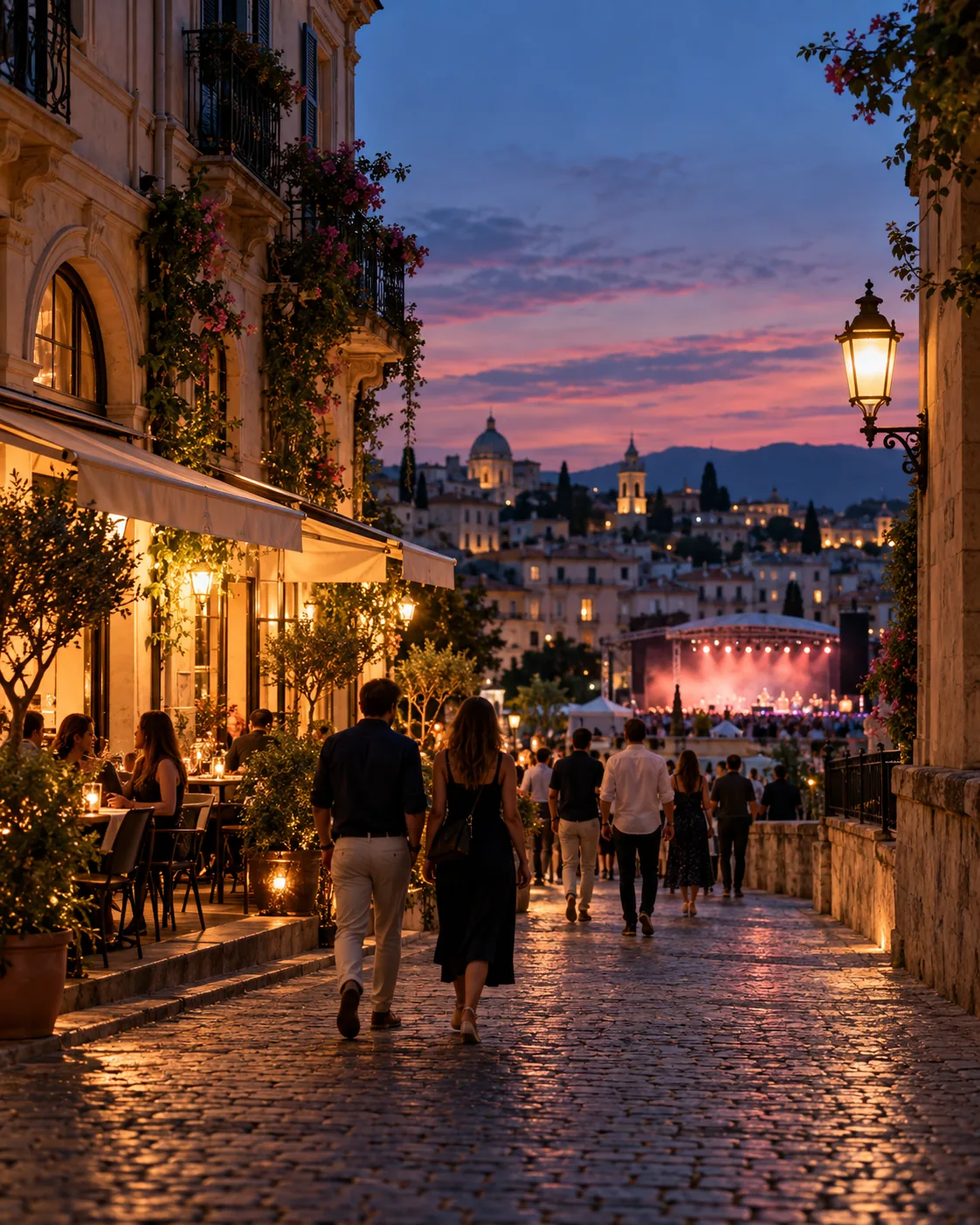 Travellers walking through a warmly lit European city street towards an outdoor concert at dusk