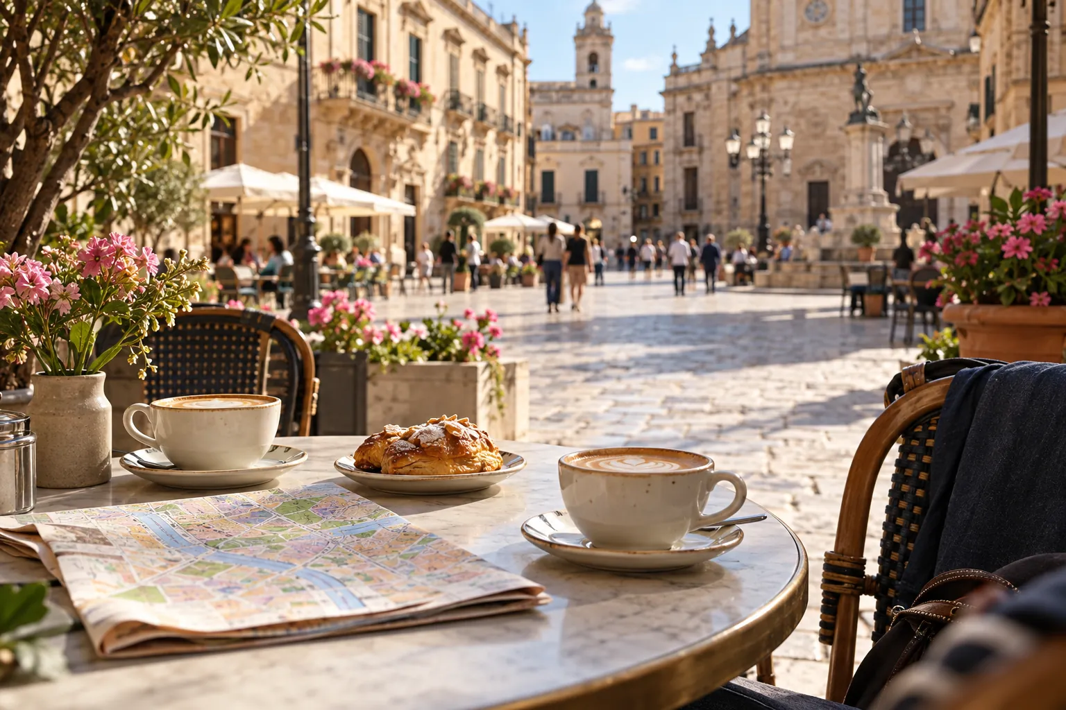 Coffee, pastry and a city map on a sunny European café terrace the morning after a concert