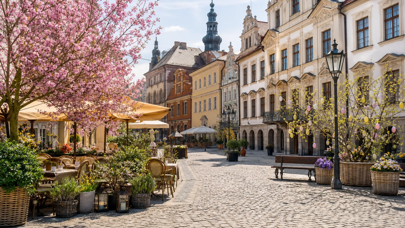 European old-town square with spring blossom and Easter decorations