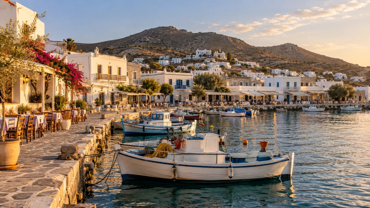 A quiet Greek harbour with fishing boats and waterfront tavernas