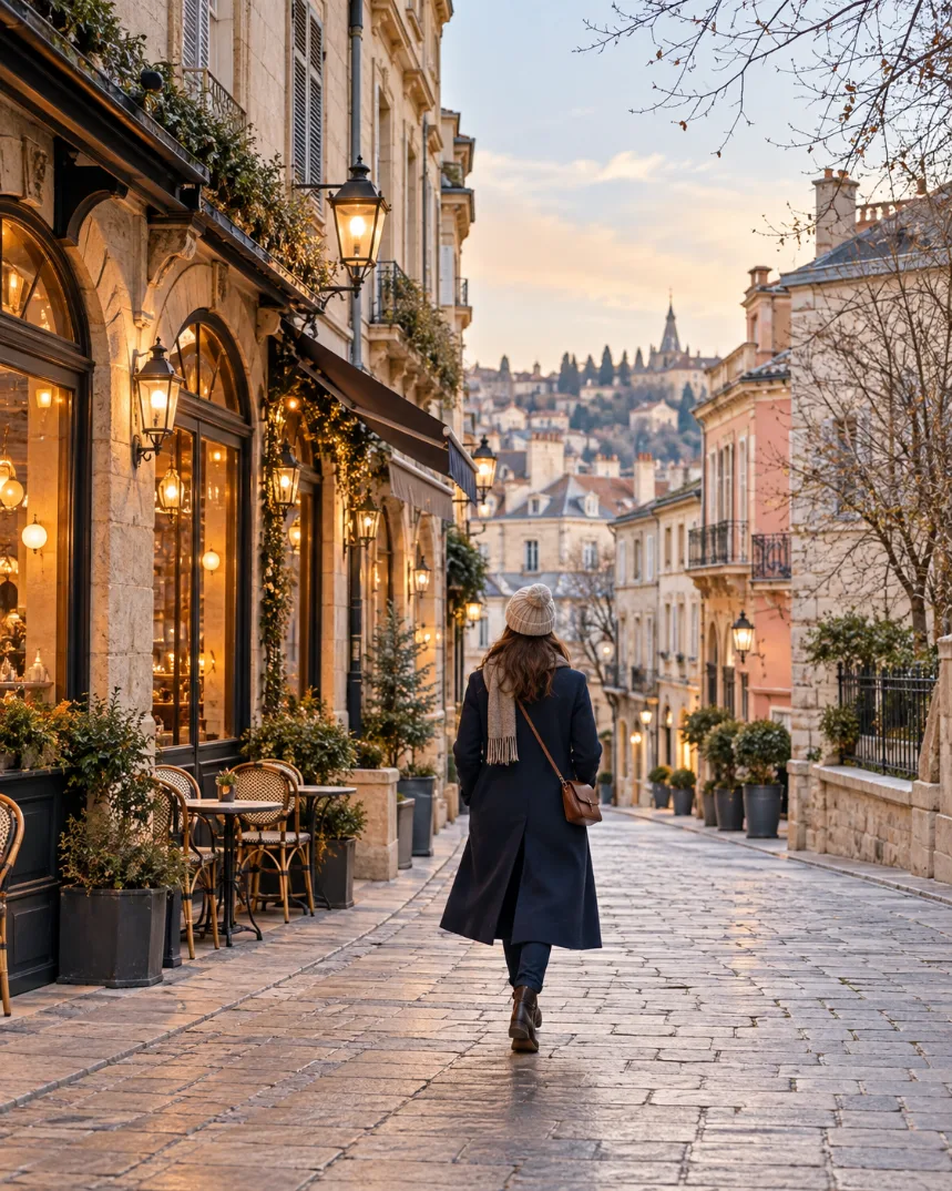 AI-generated winter European city street with a traveller walking past warmly lit cafés