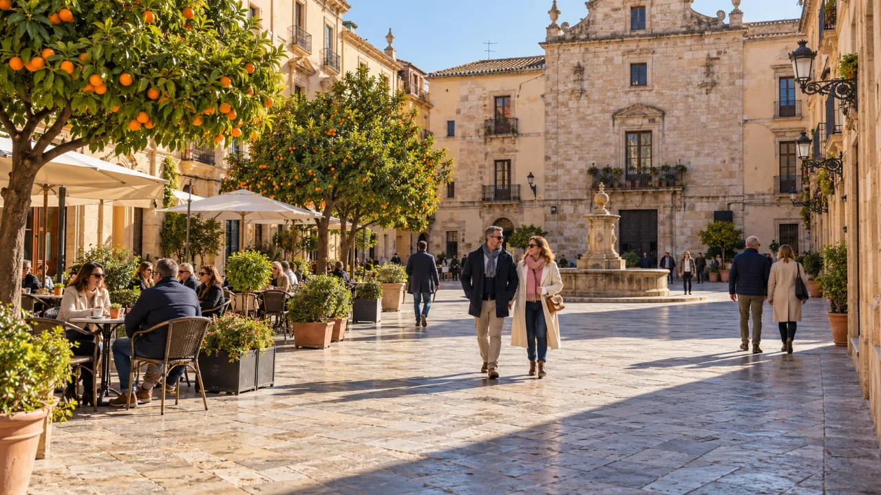 AI-generated southern European square on a bright winter afternoon with café tables and travellers in light coats