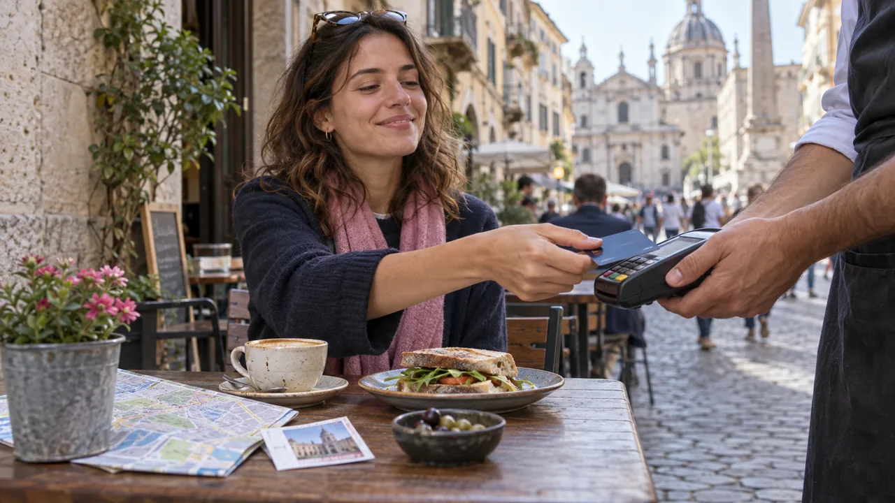 Traveller making a contactless card payment at a European pavement café
