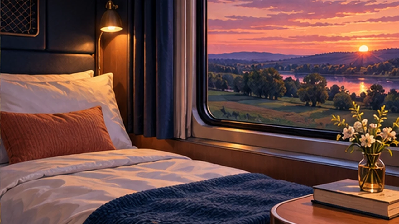 Editorial illustration of a generic sleeper berth beside a twilight countryside window