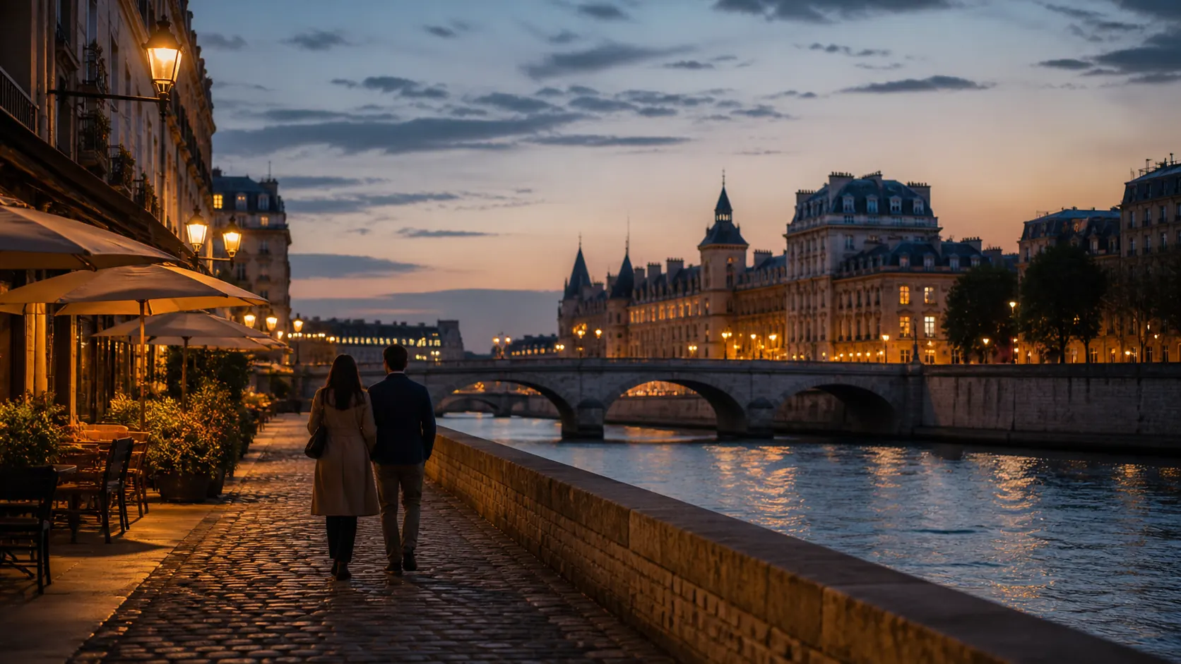Couple walking beside a European river at dusk