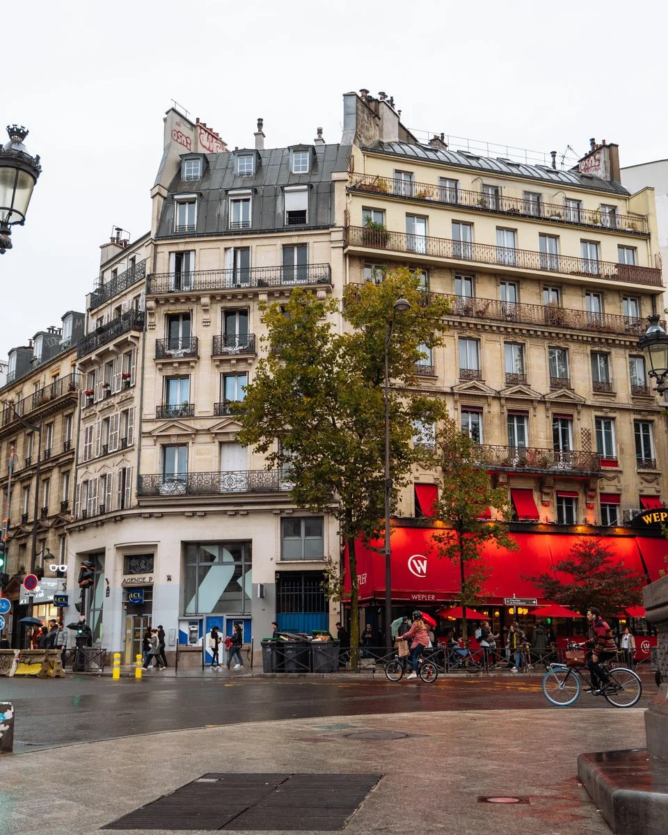 Parisian buildings and the red Wepler café frontage at Place de Clichy