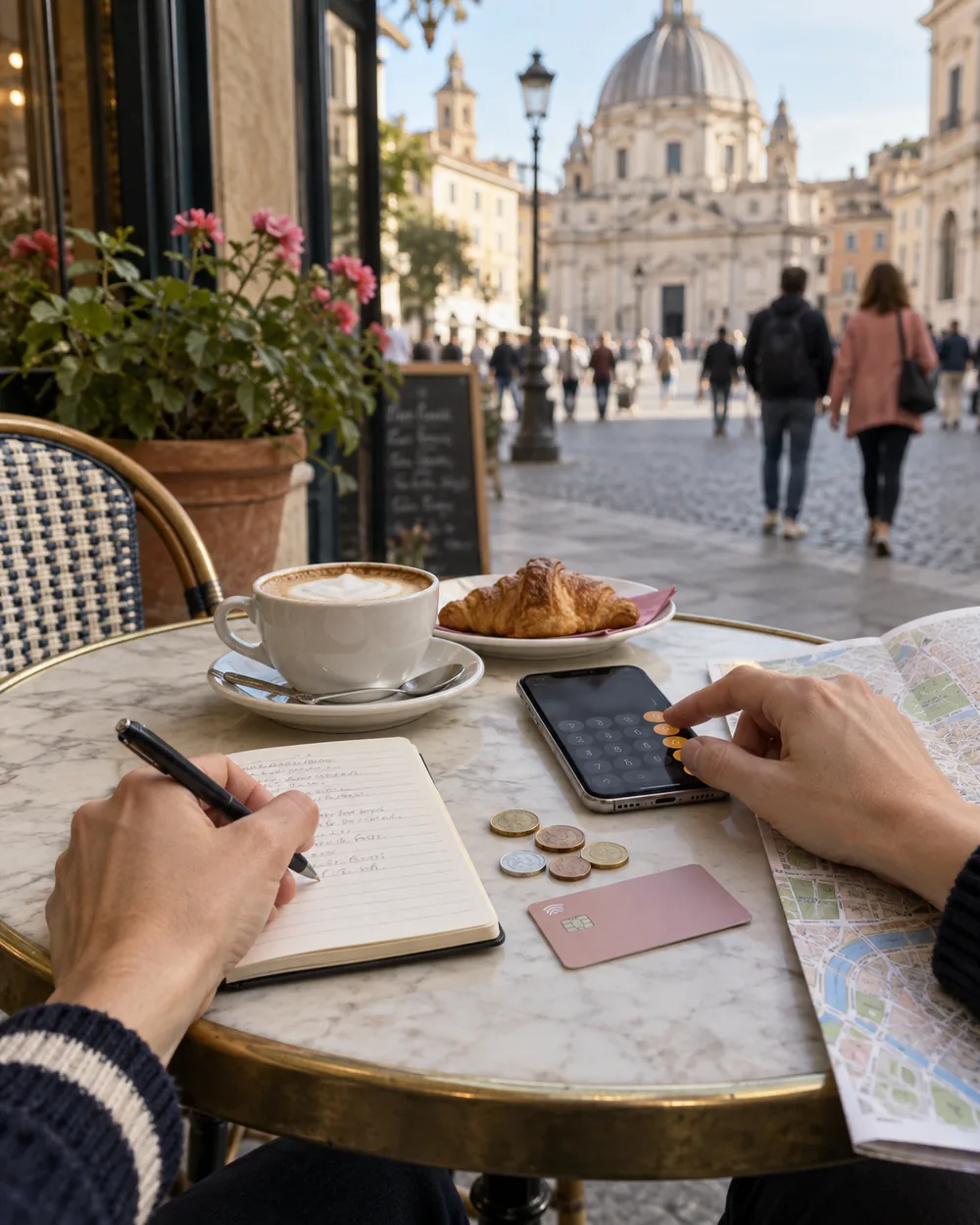 Planning a European city break spending budget at an outdoor café