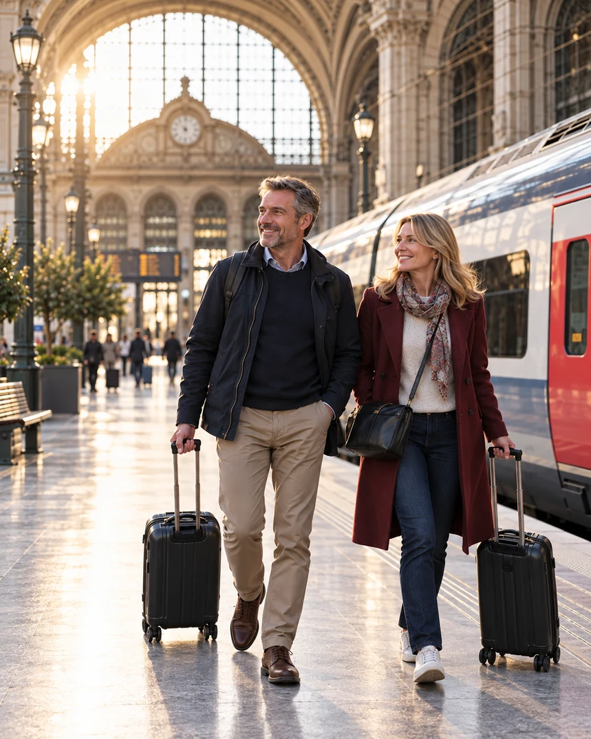 Couple arriving for a European city break by high-speed train