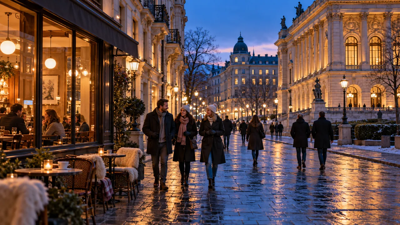 AI-generated European city street at blue hour with a warmly lit café and travellers in winter coats
