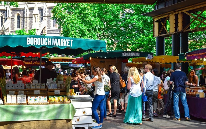 a group of people at a market