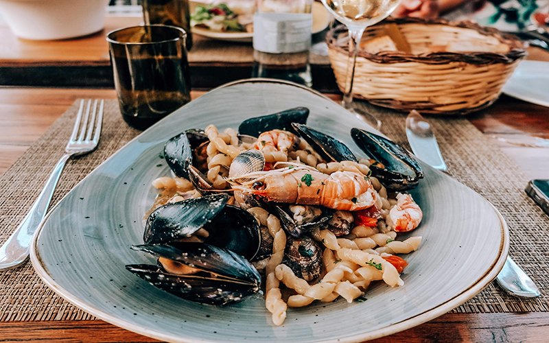 a plate of seafood pasta