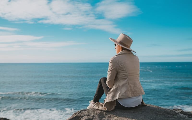 a woman sitting on a rock looking at the ocean